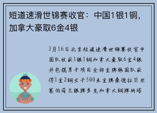 短道速滑世锦赛收官：中国1银1铜，加拿大豪取6金4银